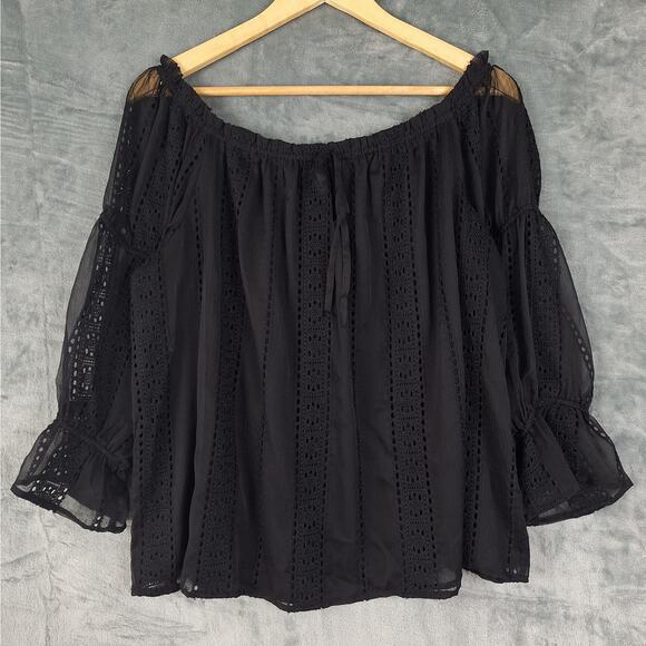 Womens Top XL Black Boho Crochet Lace Feminine Hippie Peasant Fairy Grunge Goth - Picture 1 of 8